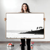 40875891-MGV-CV-36X24-SurferCliffs Wall Art Canvas Print, Framed Black White Beach Art Picture Print, Ocean Waves Perfect Minimalist Coastal Decor