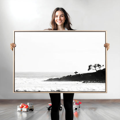 40875891-MGV-CV-36X24-SurferCliffs Wall Art Canvas Print, Framed Black White Beach Art Picture Print, Ocean Waves Perfect Minimalist Coastal Decor