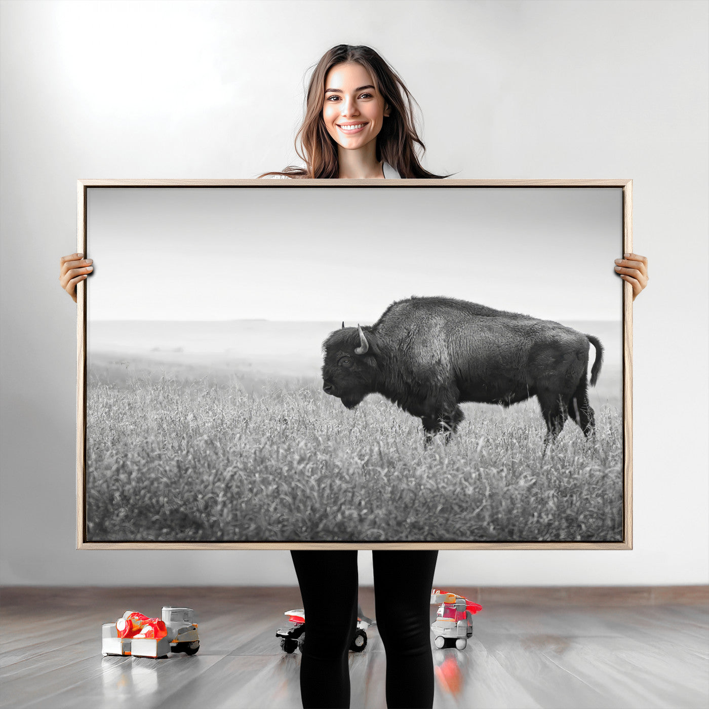 28435251-MGV-CV-36X24-Bison In Prairie Wall Art Canvas Print, Framed Rustic Wildlife Art Picture Print, Wild Buffalo Perfect Rustic Western Decor
