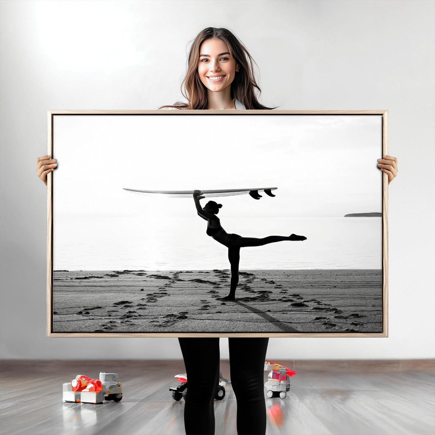 28441356-MGV-CV-36X24-Yoga Surf Wall Art Canvas Print, Framed Black White Shore Art Picture Print, Peaceful Ocean Perfect Minimalist Coastal Decor