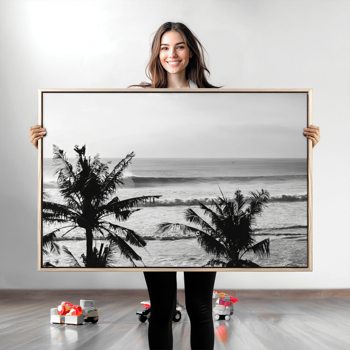 17508038-MGV-CV-36X24-Tropical Coastline Wall Art Canvas Print, Framed Palm Trees Art Picture Print, Ocean Waves Perfect Minimalist Coastal Decor