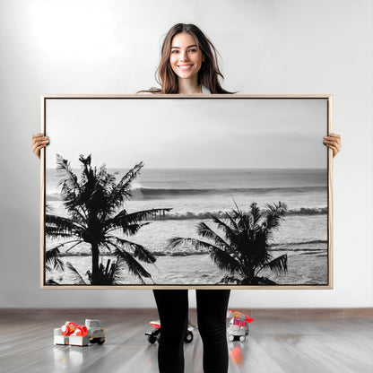 17508038-MGV-CV-36X24-Tropical Coastline Wall Art Canvas Print, Framed Palm Trees Art Picture Print, Ocean Waves Perfect Minimalist Coastal Decor