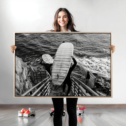 32353707-MGV-CV-36X24-Black White Surfing Wall Art Canvas Print, Framed Coastal Surfing Art Picture Print, Wave Riders Perfect Coastal Adventure Decor