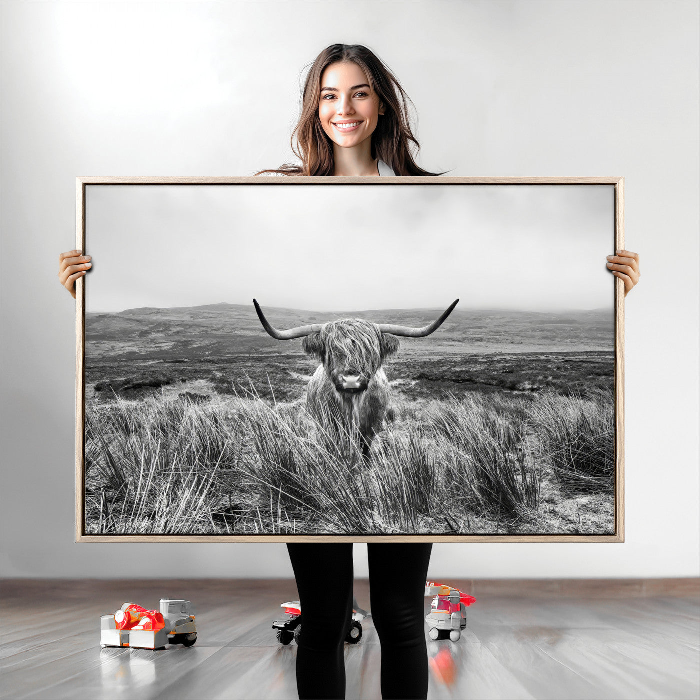 24051061-MGV-CV-36X24-Monochrome Highland Cow Wall Art Canvas Print, Framed Scottish Bull Art Picture Print, Lone Cattle Perfect Rustic Farmhouse Decor