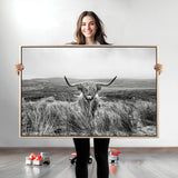 24051061-MGV-CV-36X24-Monochrome Highland Cow Wall Art Canvas Print, Framed Scottish Bull Art Picture Print, Lone Cattle Perfect Rustic Farmhouse Decor