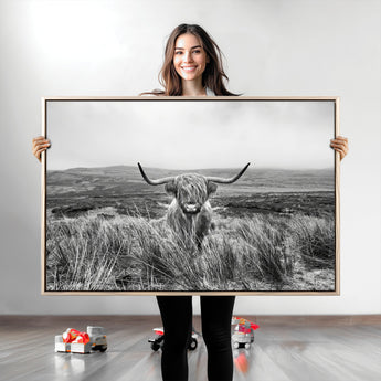 24051061-MGV-CV-36X24-Monochrome Highland Cow Wall Art Canvas Print, Framed Scottish Bull Art Picture Print, Lone Cattle Perfect Rustic Farmhouse Decor