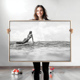 69798068-MGV-CV-36X24-Black White Surfing Wall Art Canvas Print, Framed Ocean Horizon Art Picture Print, Surfer Girl Perfect Coastal Adventure Decor