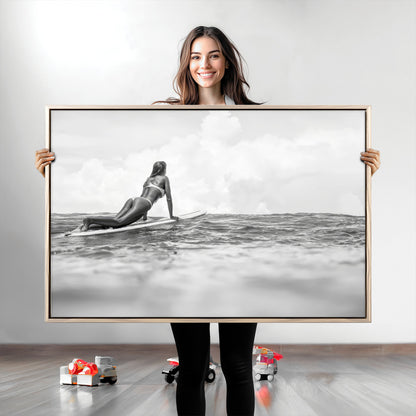 69798068-MGV-CV-36X24-Black White Surfing Wall Art Canvas Print, Framed Ocean Horizon Art Picture Print, Surfer Girl Perfect Coastal Adventure Decor