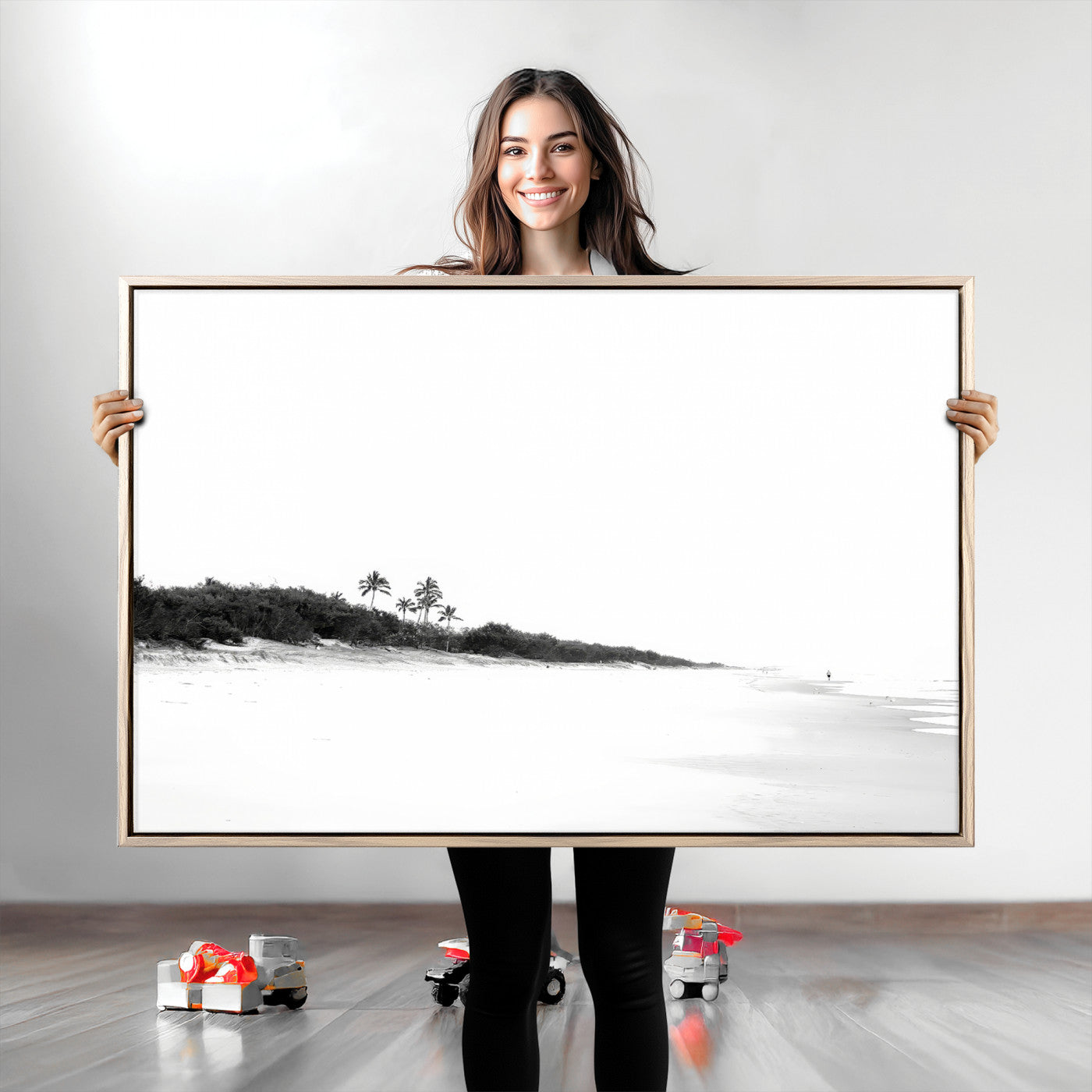 29611516-MGV-CV-36X24-Black White Beach Wall Art Canvas Print, Framed Palm Trees Art Picture Print, Monochrome Tropical Perfect Minimalist Coastal Decor