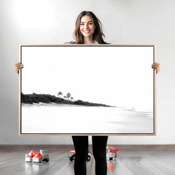 29611516-MGV-CV-36X24-Black White Beach Wall Art Canvas Print, Framed Palm Trees Art Picture Print, Monochrome Tropical Perfect Minimalist Coastal Decor