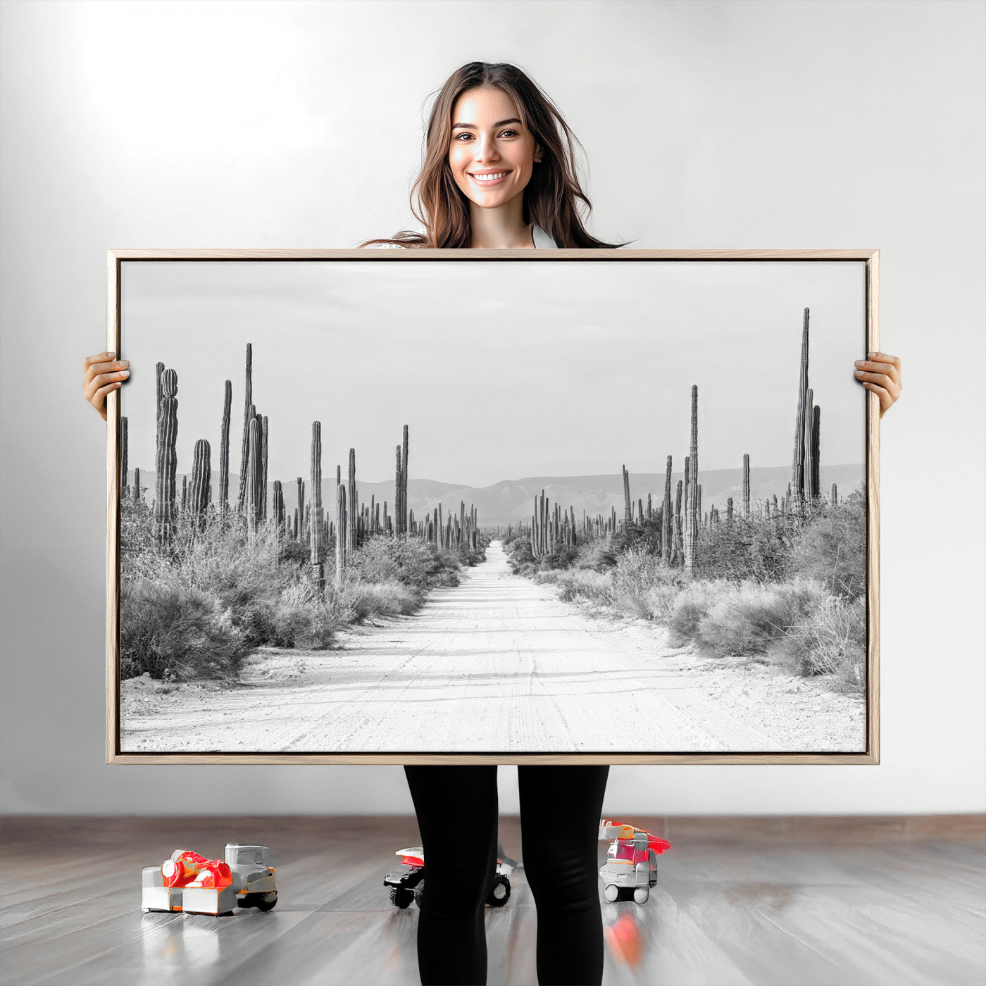 35537313-MGV-CV-36X24-Monochrome Desert Wall Art Canvas Print, Framed Cactus Path Art Picture Print, Southwestern Landscape Perfect Southwestern