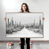 35537313-MGV-CV-36X24-Monochrome Desert Wall Art Canvas Print, Framed Cactus Path Art Picture Print, Southwestern Landscape Perfect Southwestern