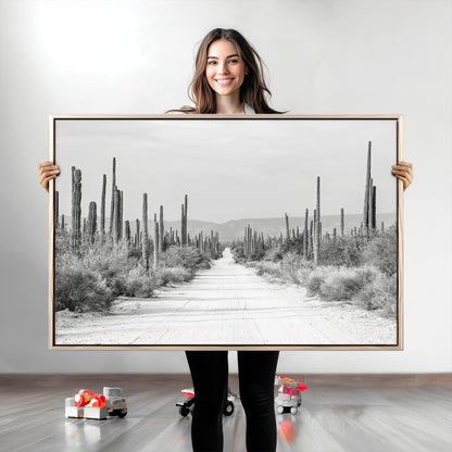 35537313-MGV-CV-36X24-Monochrome Desert Wall Art Canvas Print, Framed Cactus Path Art Picture Print, Southwestern Landscape Perfect Southwestern