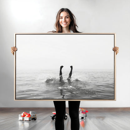 26667396-MGV-CV-36X24-Black White Ocean Wall Art Canvas Print, Framed Monochrome Water Art Picture Print, Diving into Water Perfect Minimalist Aquatic