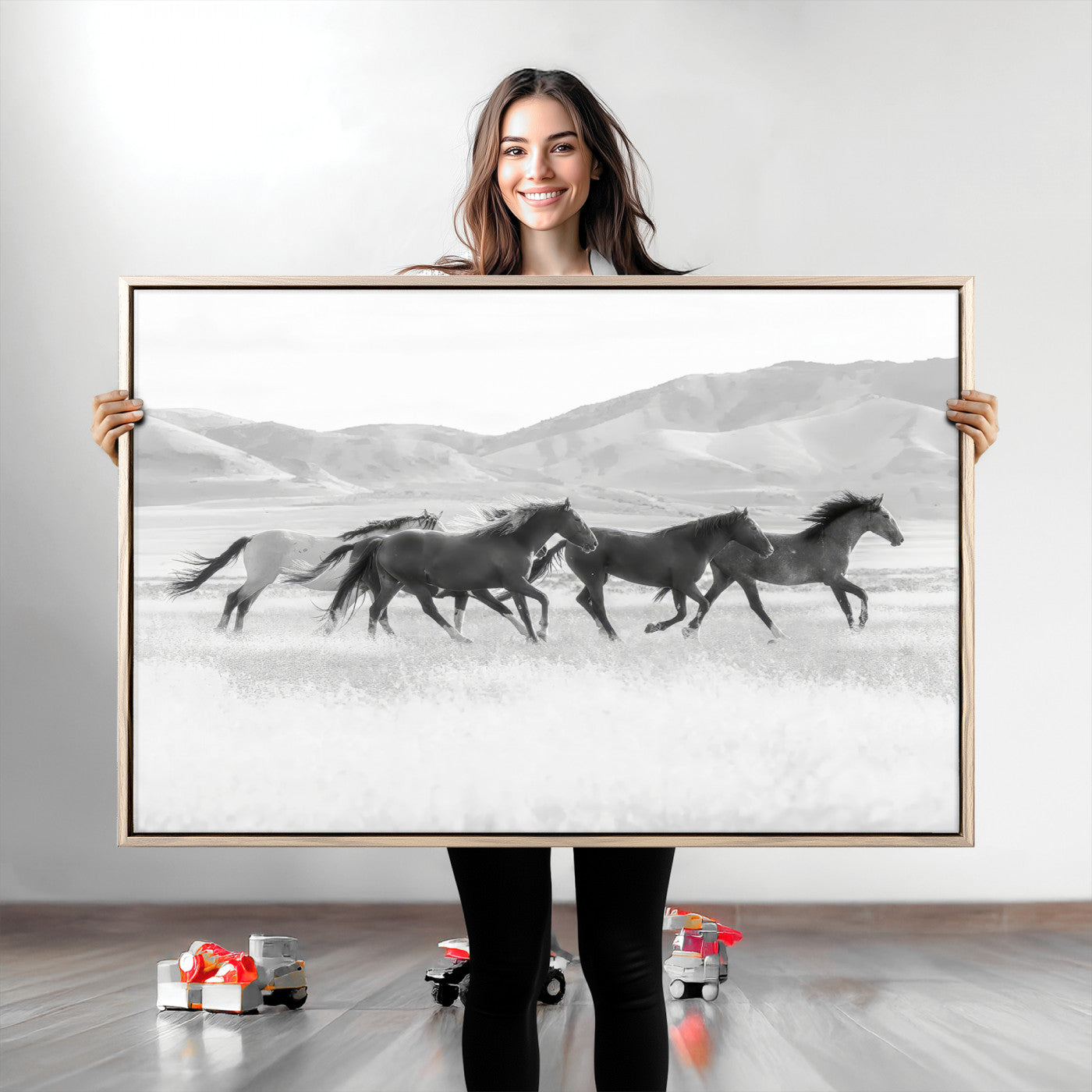 69934913-MGV-CV-36X24-Wild Horses Running Wall Art Canvas Print, Framed Black White Mustangs Art Picture Print, Rustic Western Perfect Rustic Western