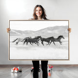 69934913-MGV-CV-36X24-Wild Horses Running Wall Art Canvas Print, Framed Black White Mustangs Art Picture Print, Rustic Western Perfect Rustic Western