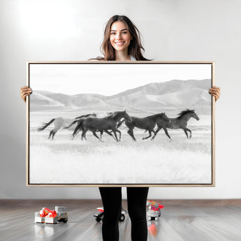 69934913-MGV-CV-36X24-Wild Horses Running Wall Art Canvas Print, Framed Black White Mustangs Art Picture Print, Rustic Western Perfect Rustic Western