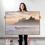 70644906-MGV-CV-36X24-Sunset Surfing Wall Art Canvas Print, Framed Misty Mountains Art Picture Print, Surfer Riding Wave Perfect Coastal Adventure Decor