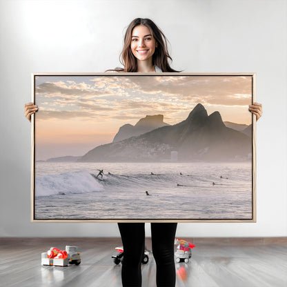 70644906-MGV-CV-36X24-Sunset Surfing Wall Art Canvas Print, Framed Misty Mountains Art Picture Print, Surfer Riding Wave Perfect Coastal Adventure Decor
