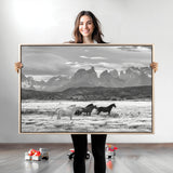 21655040-MGV-CV-36X24-Wild Horses Wall Art Canvas Print, Framed Black White Mountains Art Picture Print, Rustic Countryside Perfect Rustic Western Decor