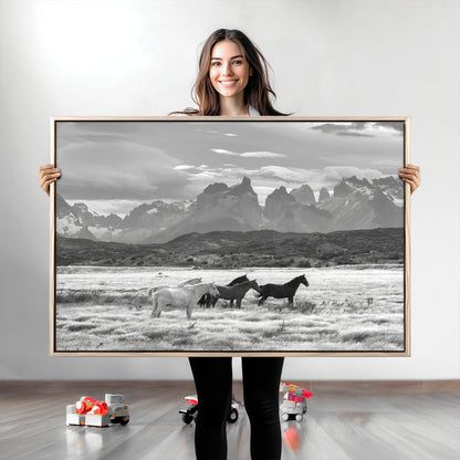 21655040-MGV-CV-36X24-Wild Horses Wall Art Canvas Print, Framed Black White Mountains Art Picture Print, Rustic Countryside Perfect Rustic Western Decor