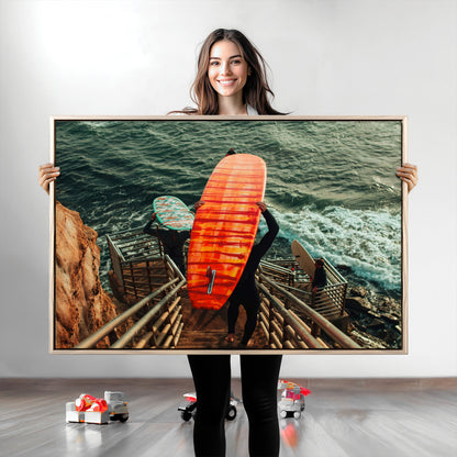 84555848-MGV-CV-36X24-Surfer Stairway Wall Art Canvas Print, Framed Ocean Surf Art Picture Print, Sunset Coastal Perfect Coastal Adventure Decor Artwork