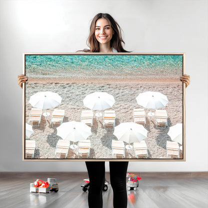 83736167-MGV-CV-36X24-Calm Beach Wall Art Canvas Print, Framed Turquoise Water Art Picture Print, Umbrella Shoreline Perfect Coastal Minimalist Decor
