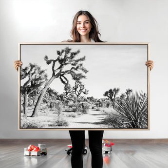 88164251-MGV-CV-36X24-Joshua Tree Wall Art Canvas Print, Framed Desert Path Art Picture Print, Monochrome Desert Perfect Minimalist Desert Decor Artwork