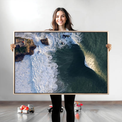 37405684-MGV-CV-36X24-Nazare Coast Wall Art Canvas Print, Framed Aerial Ocean Art Picture Print, Coastal Fortress Perfect Dramatic Coastal Decor Artwork
