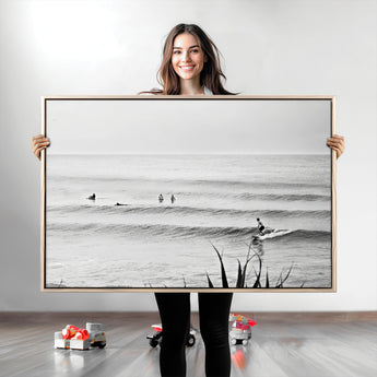 33821421-MGV-CV-36X24-Surfer Silhouette Wall Art Canvas Print, Framed Calm Ocean Art Picture Print, Monochrome Surf Perfect Minimalist Coastal Decor