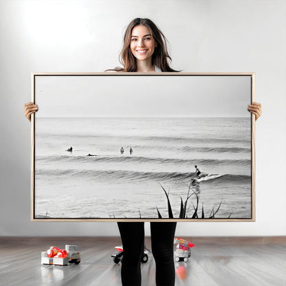 33821421-MGV-CV-36X24-Surfer Silhouette Wall Art Canvas Print, Framed Calm Ocean Art Picture Print, Monochrome Surf Perfect Minimalist Coastal Decor