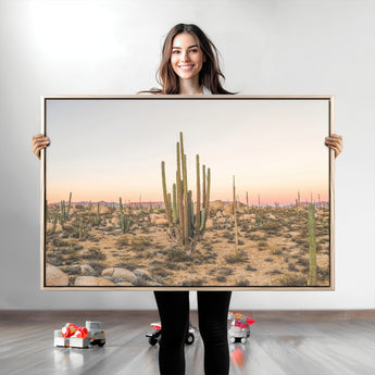 76234974-MGV-CV-36X24-Desert Cactus Wall Art Canvas Print, Framed Baja Desert Art Picture Print, Pastel Desert Perfect Southwestern Boho Decor Artwork