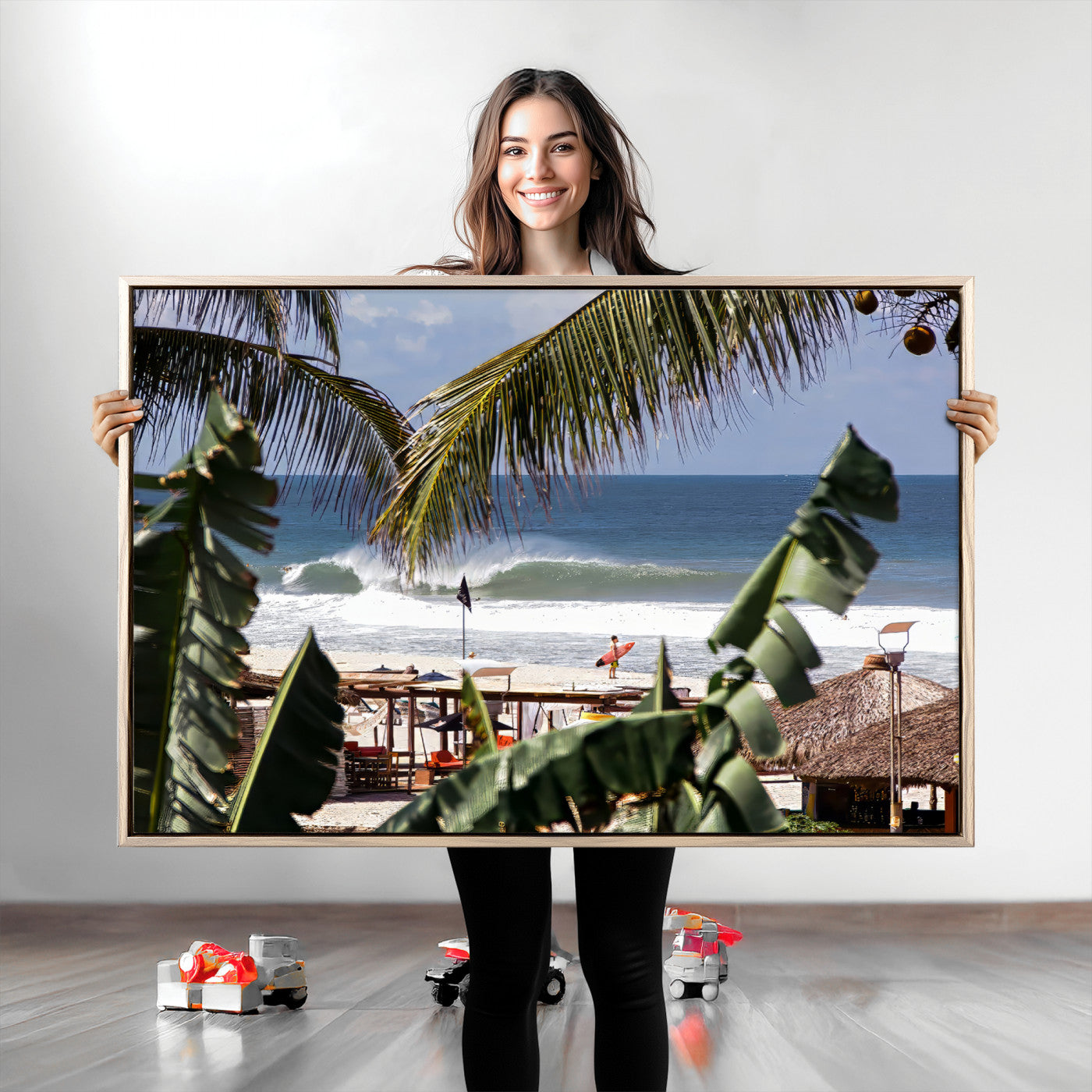 34722557-MGV-CV-36X24-Tropical Shoreline Wall Art Canvas Print, Framed Surfer Beach Art Picture Print, Coastal Surf Perfect Tropical Coastal Decor