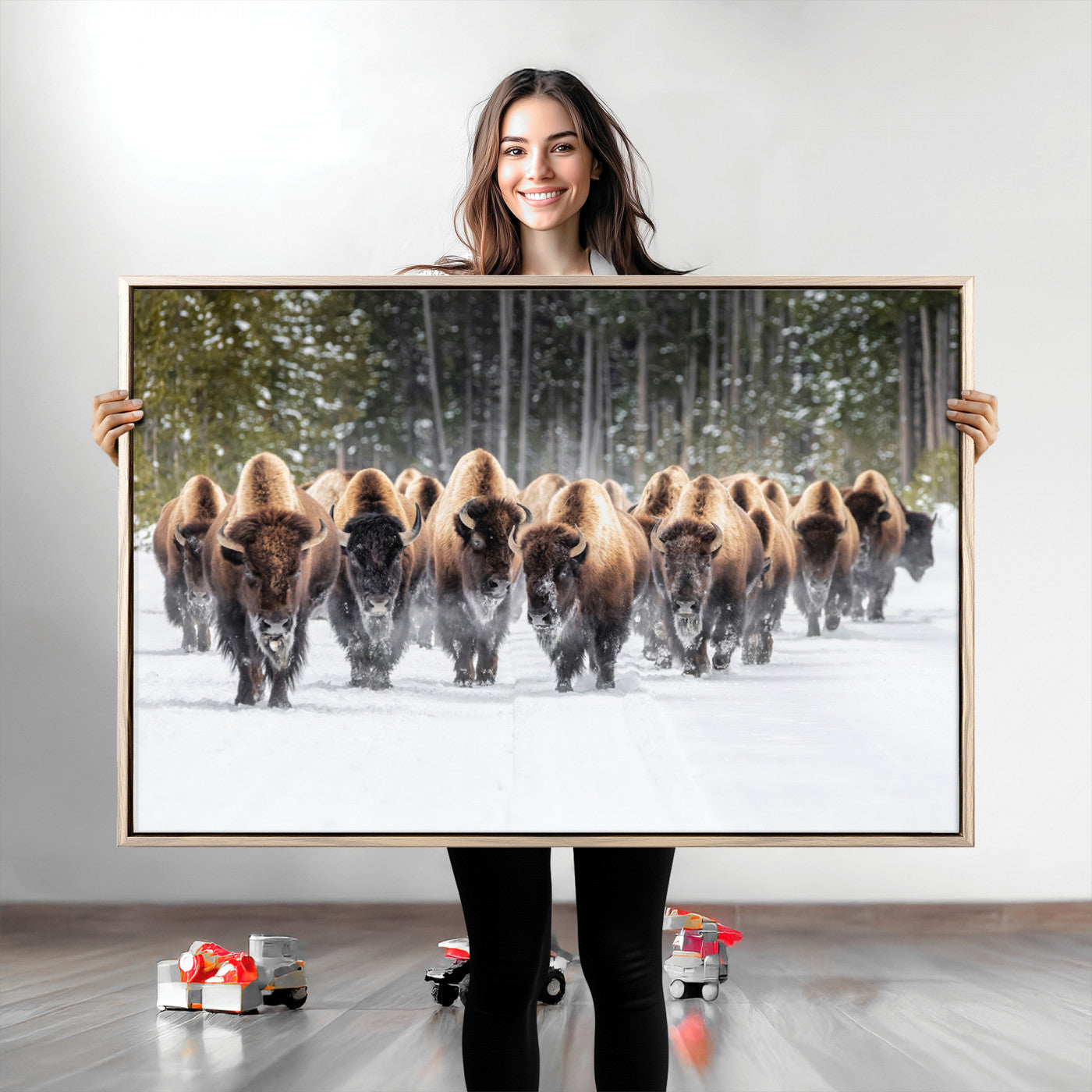 22695857-MGV-CV-36X24-Bison Herd Scene Wall Art Canvas Print, Framed Western Wildlife Art Picture Print, Rustic Animal Art Perfect Rustic Lodge Decor
