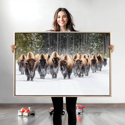 22695857-MGV-CV-36X24-Bison Herd Scene Wall Art Canvas Print, Framed Western Wildlife Art Picture Print, Rustic Animal Art Perfect Rustic Lodge Decor