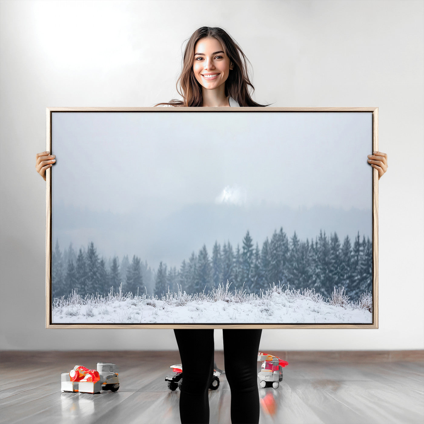 33033082-MGV-CV-36X24-Winter Forest Art Wall Art Canvas Print, Framed Snowy Landscape Art Picture Print, Misty Tree Scene Perfect Nordic Minimalist