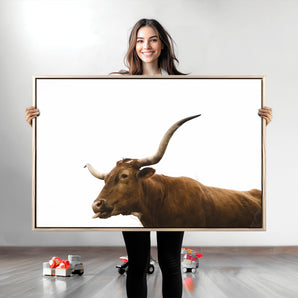 62566114-MGV-CV-36X24-Longhorn Cow Art Wall Art Canvas Print, Framed Rustic Animal Decor Art Picture Print, Texas Bull Photo Perfect Rustic Farmhouse