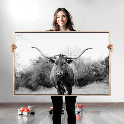 97280319-MGV-CV-36X24-Longhorn Photography Wall Art Canvas Print, Framed Western Cow Decor Art Picture Print, Texas Ranch Style Perfect Rustic Farmhouse