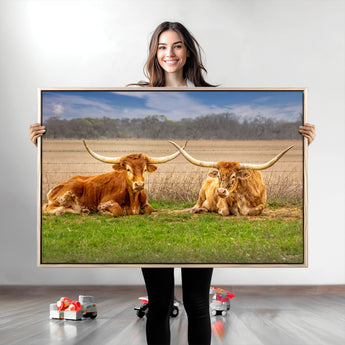 97244565-MGV-CV-36X24-Longhorn Duo Wall Art Canvas Print, Framed Cozy Ranch Vibes Art Picture Print, Western Ranch Decor Perfect Rustic Farmhouse Decor