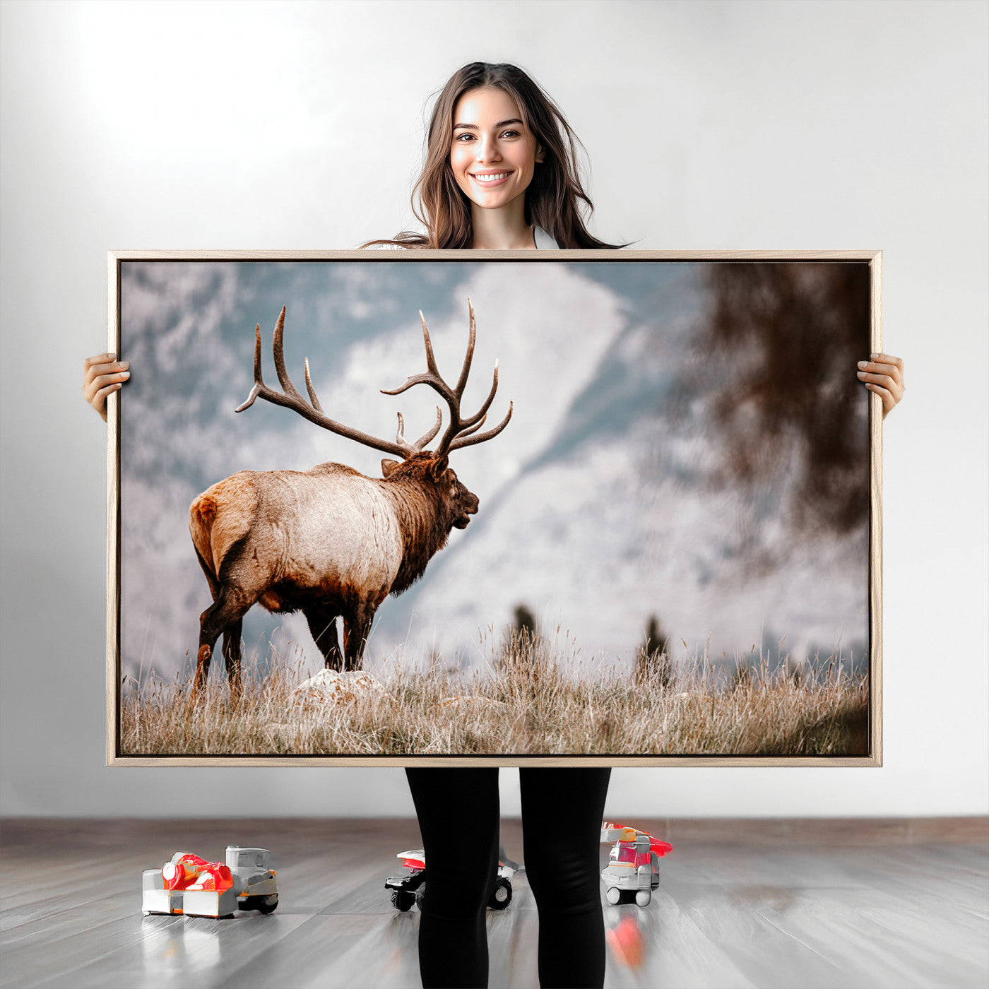 70489411-MGV-CV-36X24-Elk Photography Wall Art Canvas Print, Framed Mountain Wildlife Art Picture Print, Rustic Nature Decor Perfect Rustic Lodge Decor