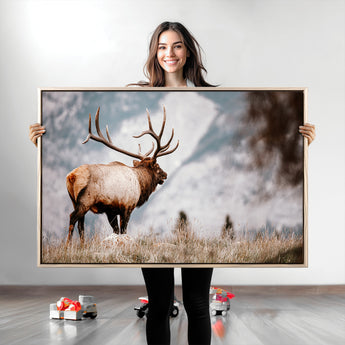 70489411-MGV-CV-36X24-Elk Photography Wall Art Canvas Print, Framed Mountain Wildlife Art Picture Print, Rustic Nature Decor Perfect Rustic Lodge Decor