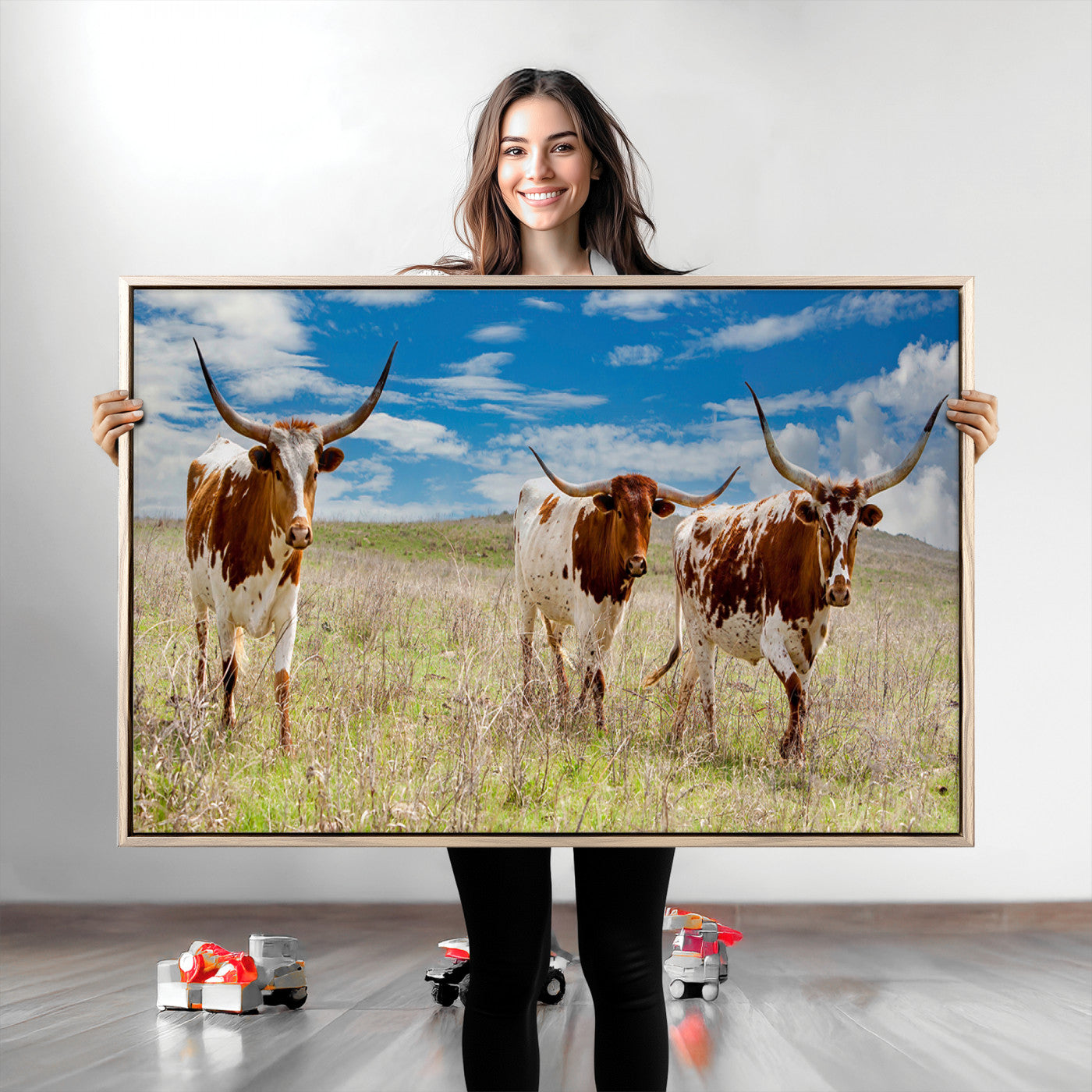 58099948-MGV-CV-36X24-Texas Longhorn Wall Art Canvas Print, Framed Western Decor Art Picture Print, Rustic Farmhouse Perfect Western Farmhouse Decor