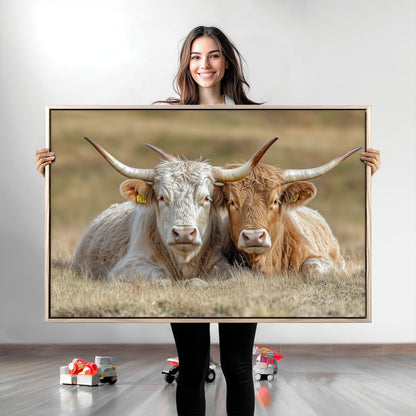 53388593-MGV-CV-36X24-Cow Photography Wall Art Canvas Print, Framed Rustic Animal Decor Art Picture Print, Texas Cow Pair Perfect Western Farmhouse
