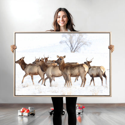 68738684-MGV-CV-36X24-Winter Elk Scene Wall Art Canvas Print, Framed Wildlife Photography Art Picture Print, Snowy Deer Decor Perfect Rustic Lodge Decor