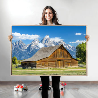 75948467-MGV-CV-36X24-Mountain Barn Scene Wall Art Canvas Print, Framed Rustic Farmhouse Style Art Picture Print, Country Cabin Decor Perfect Rustic