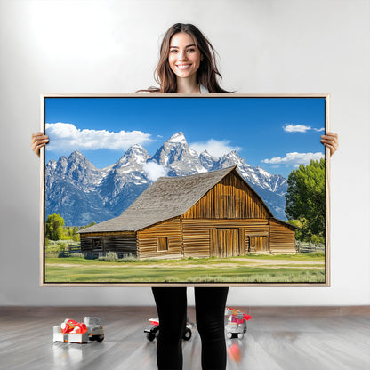 75948467-MGV-CV-36X24-Mountain Barn Scene Wall Art Canvas Print, Framed Rustic Farmhouse Style Art Picture Print, Country Cabin Decor Perfect Rustic