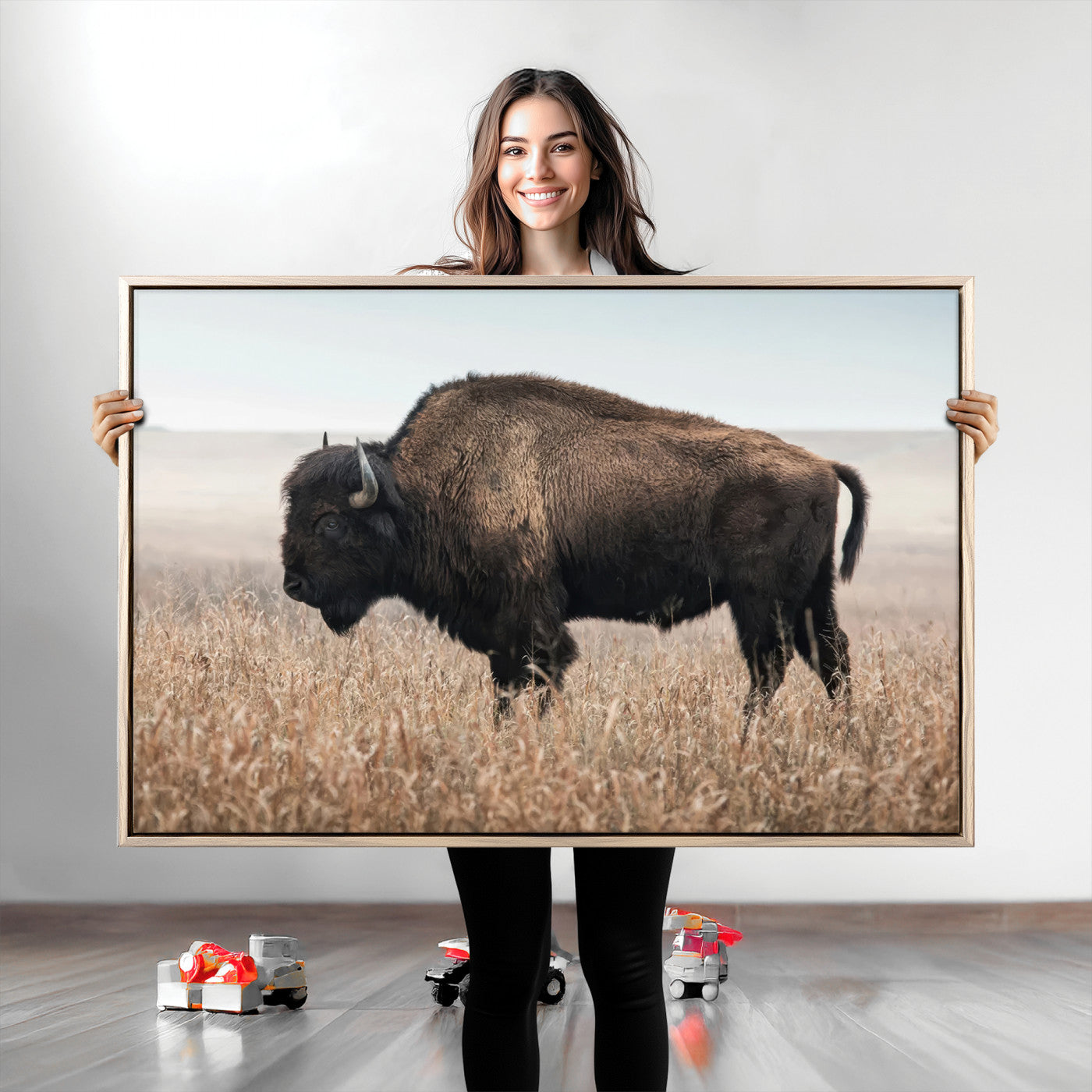 34451925-MGV-CV-36X24-Rustic Bison Decor Wall Art Canvas Print, Framed Buffalo Home Accent Art Picture Print, Prairie Wildlife Scene Perfect Western