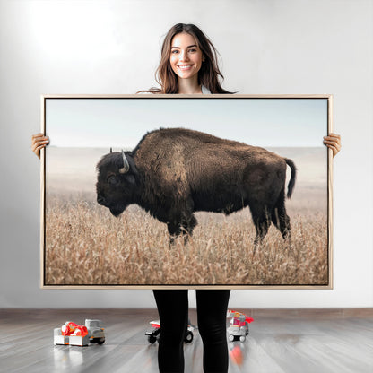 34451925-MGV-CV-36X24-Rustic Bison Decor Wall Art Canvas Print, Framed Buffalo Home Accent Art Picture Print, Prairie Wildlife Scene Perfect Western