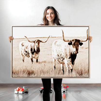 39672786-MGV-CV-36X24-Rustic Cow Scene Wall Art Canvas Print, Framed Farmhouse Style Cattle Art Picture Print, Prairie Animal Duo Perfect Rustic Western