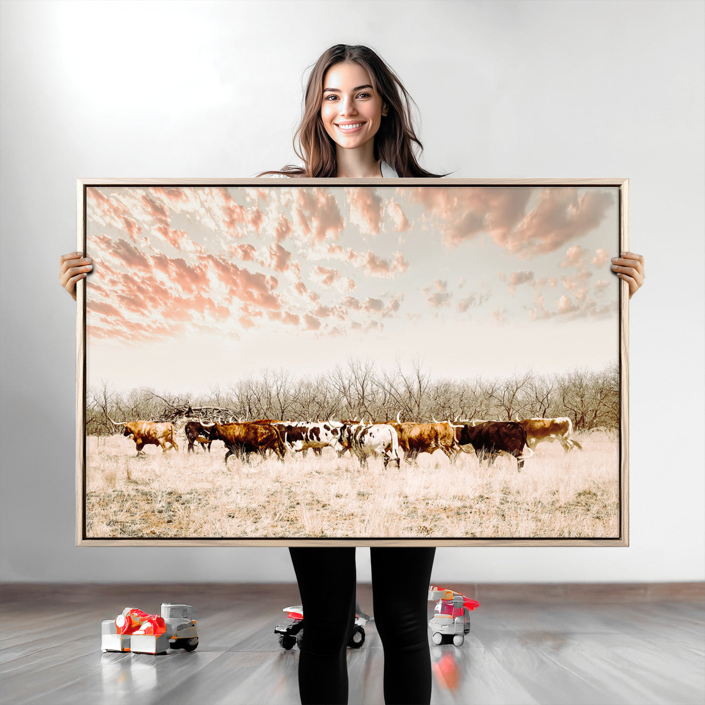 43704663-MGV-CV-36X24-Country Cow Herd Wall Art Canvas Print, Framed Farmhouse Cattle Scene Art Picture Print, Rustic Ranch Decor Perfect Rustic